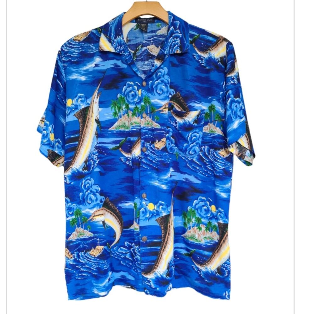 Vtg Y2K Banana Split Hawaiian Shirt Men XL Blue Rayon Marlin Camp Cruise Surf